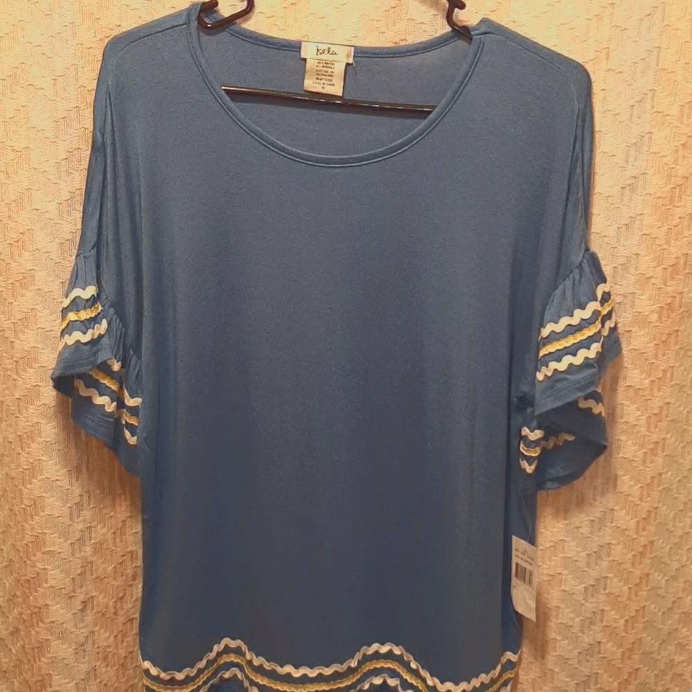 NWT Isela Blue Ruffled Sleeve Scoop Neck Boho Top with Trim
